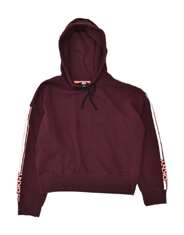 DKNY Womens Graphic Hoodie Jumper UK 16 Large Burgundy Cotton Hoodie with Exposed Zipper Edgy Industrial