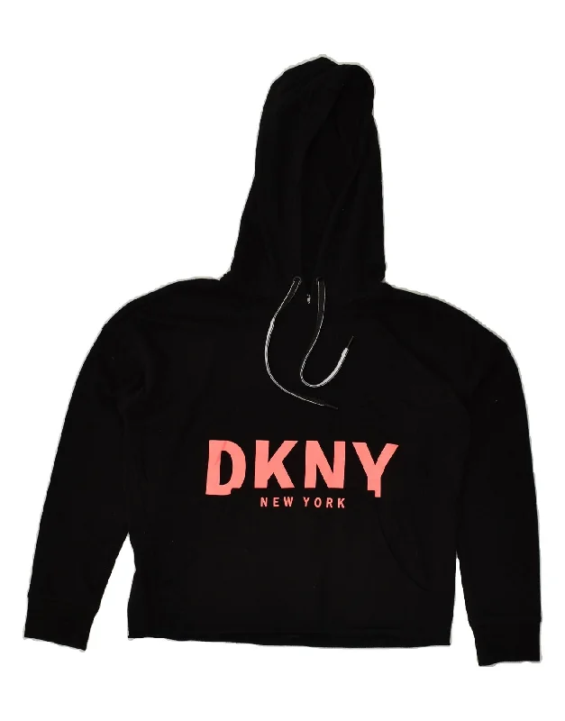 DKNY Womens Graphic Hoodie Jumper UK 6 XS Black Cotton Hoodie with Fur Luxurious Winter