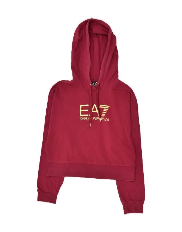 EA7 Womens Crop Graphic Hoodie Jumper UK 14 Medium Burgundy Hoodie with Velcro Closure Adjustable Secure