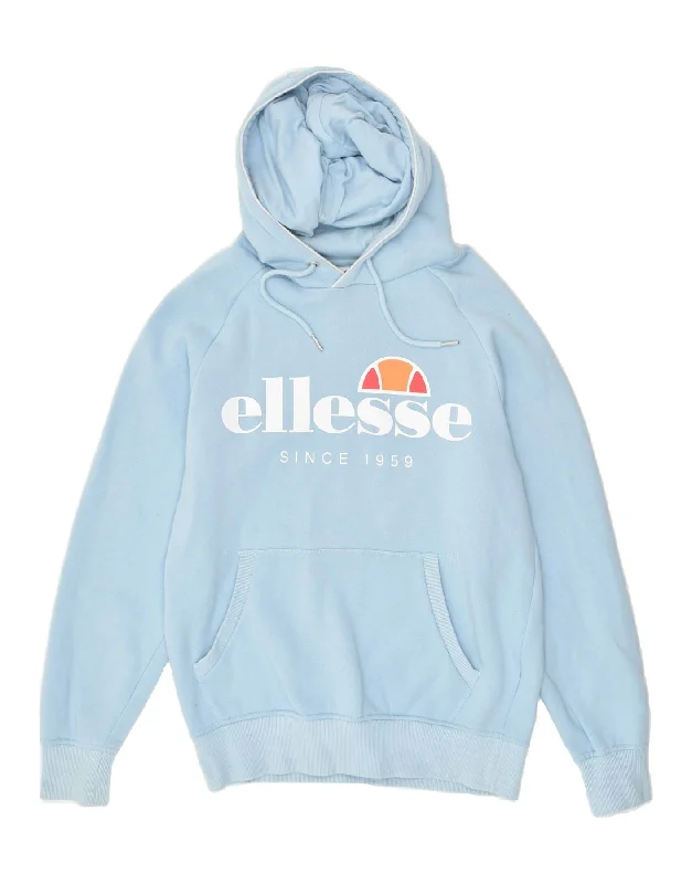 ELLESSE Womens Graphic Hoodie Jumper UK 14 Medium Blue Cotton Hoodie with Earth Tones Natural Calm