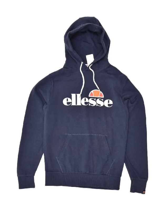 ELLESSE Womens Graphic Hoodie Jumper UK 16 Large Navy Blue Cotton Hoodie with Turtle Neck Cozy Winter