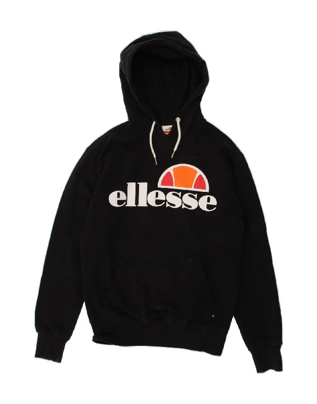 ELLESSE Womens Graphic Hoodie Jumper UK 8 Small  Black Cotton Hoodie Fleece Lining Warmth