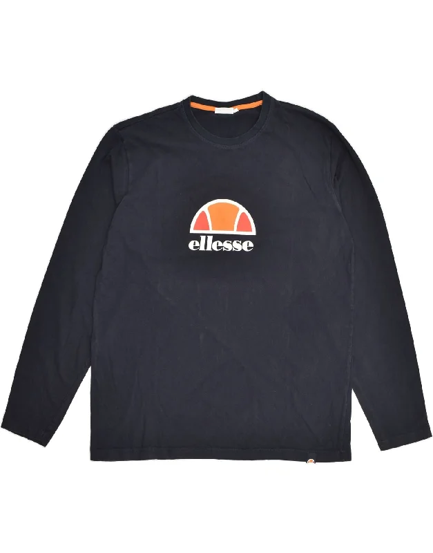 ELLESSE Womens Graphic Sweatshirt Jumper UK 18 XL Navy Blue Cotton Hoodie with Slit Hem Functional Movement