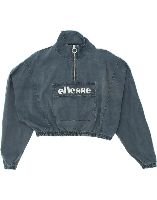 ELLESSE Womens Oversized Crop Sweatshirt Jumper UK 8 Small  Navy Blue Hoodie with Thumb Holes Functional Cozy