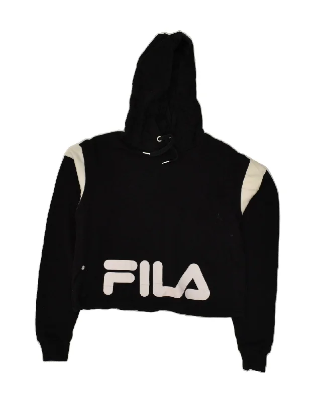 FILA Womens Crop Graphic Hoodie Jumper UK 8 Small Black Polyester Hoodie with Hood Adjustable Protection