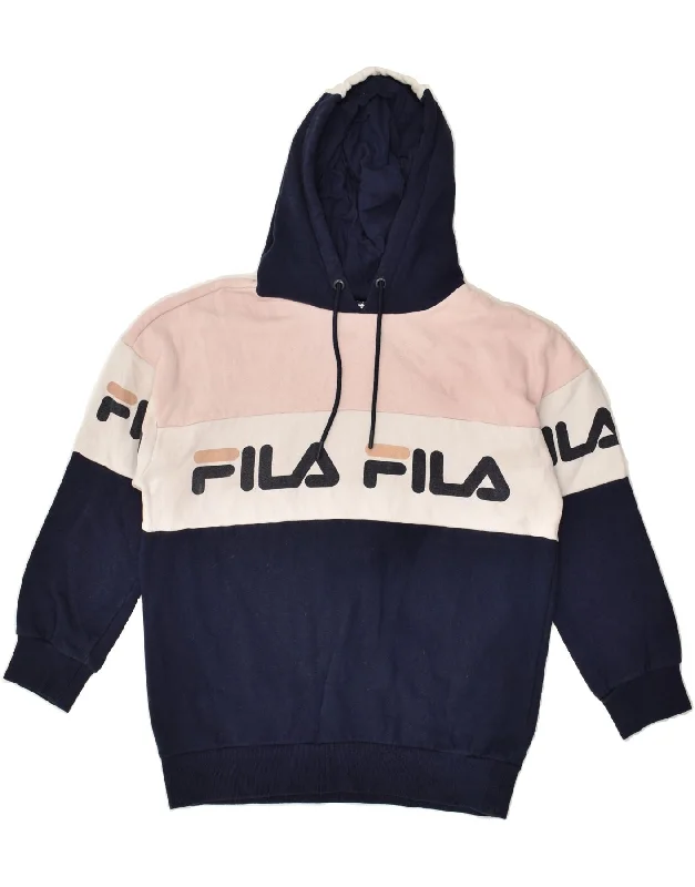 FILA Womens Graphic Hoodie Jumper UK 10 Small Navy Blue Colourblock Cotton Hoodie with Raglan Sleeves Sporty Comfortable