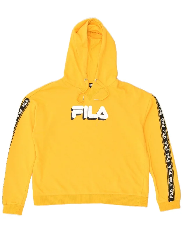 FILA Womens Graphic Hoodie Jumper UK 16 Large Yellow Cotton Hoodie with Double Zipper Versatile Adjustable