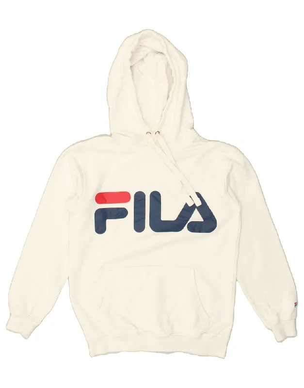 FILA Womens Graphic Hoodie Jumper UK 6 XS White Cotton Hoodie with Reflective Safety Nightwear