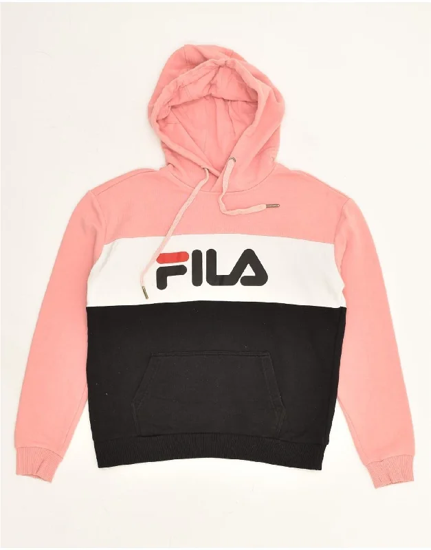 FILA Womens Graphic Hoodie Jumper UK 8 Small Pink Colourblock Hoodie with Applique Textured Unique