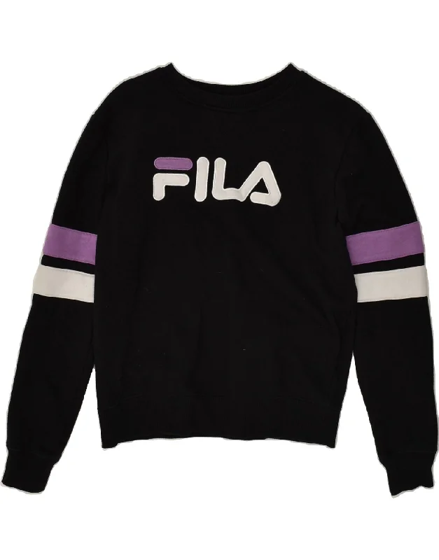 FILA Womens Graphic Sweatshirt Jumper UK 10 Small Black Cotton Hoodie with Hem Detail Decorative Unique