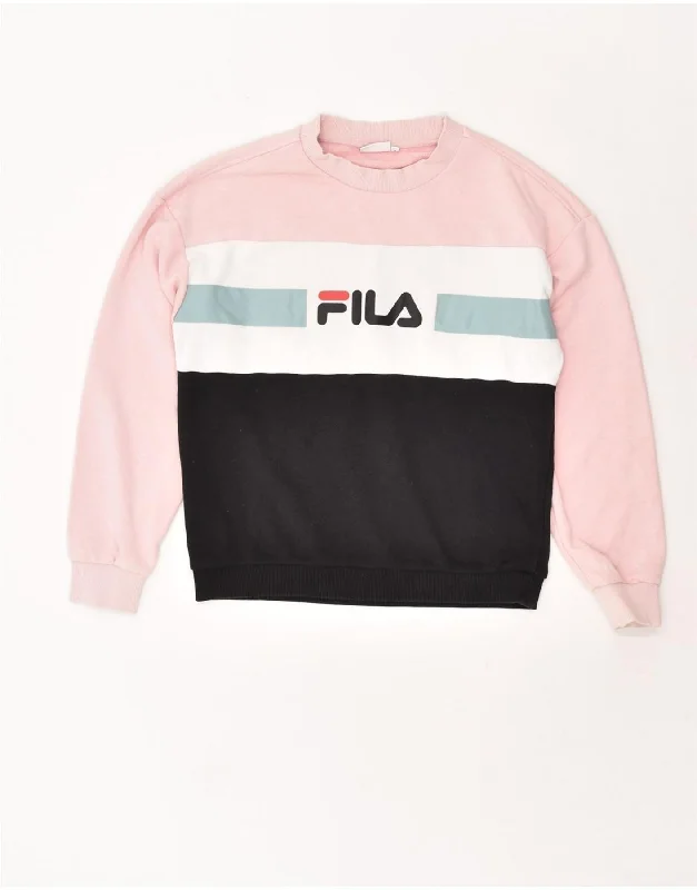 FILA Womens Graphic Sweatshirt Jumper UK 10 Small Pink Colourblock Cotton Hoodie Crop Top Short Trendy