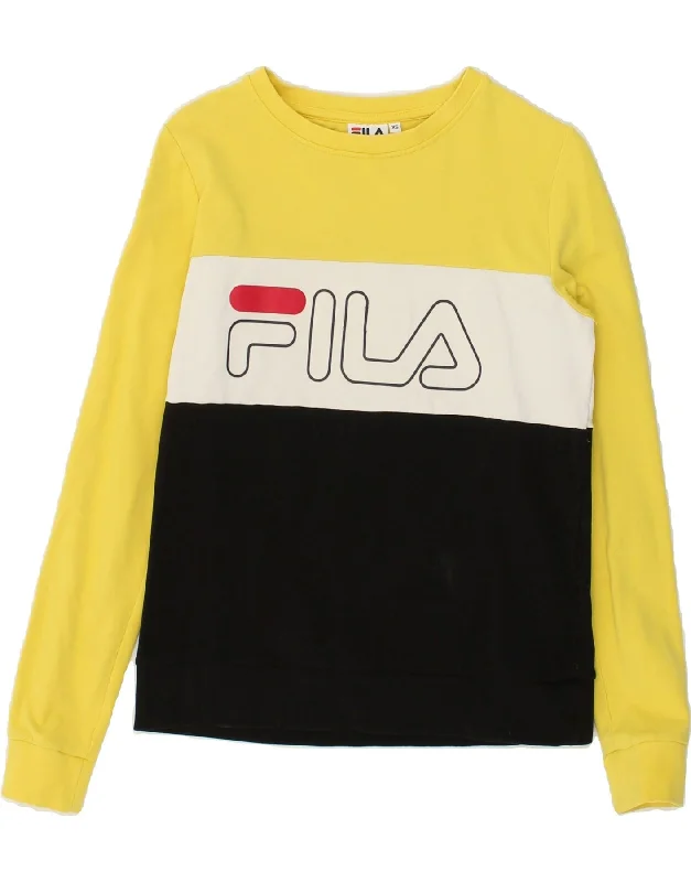 FILA Womens Graphic Sweatshirt Jumper UK 6 XS Yellow Colourblock Hoodie with Back Slit Movement Comfort