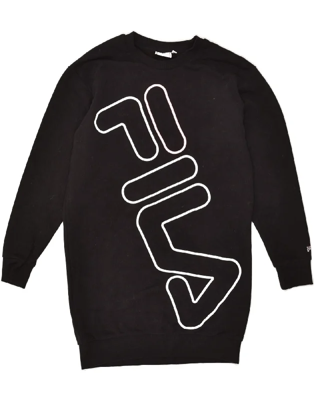 FILA Womens Longline Graphic Sweatshirt Jumper UK 6 XS Black Cotton Hoodie with Reflective Safety Nightwear