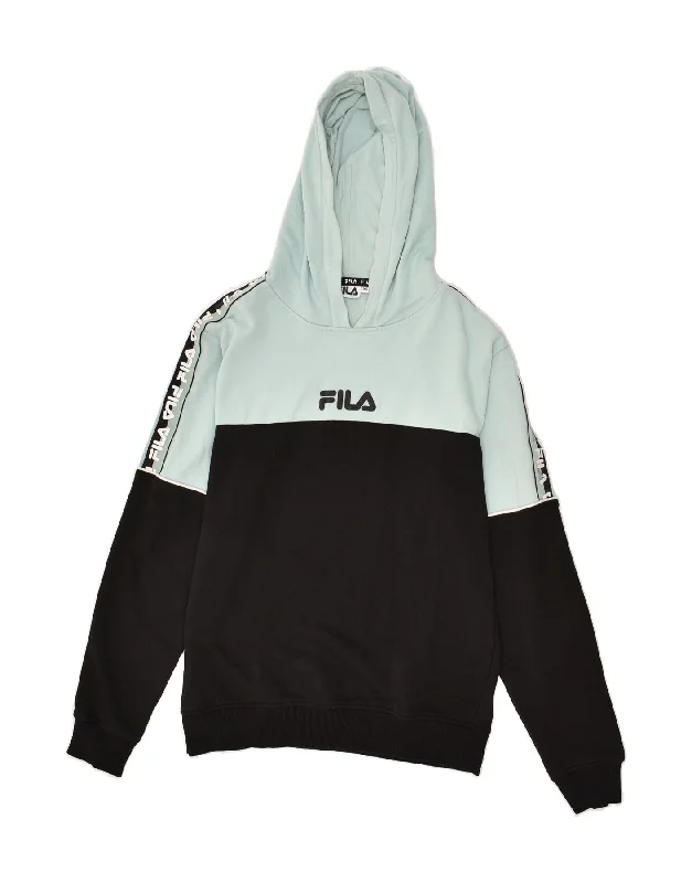 FILA Womens Oversized Graphic Hoodie Jumper UK 6 XS Black Colourblock Hoodie with Longline Fit Extended Stylish