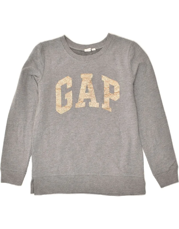 GAP Womens Graphic Sweatshirt Jumper UK 4 XS Grey Cotton Hoodie with Ribbed Hem Stretchable Secure