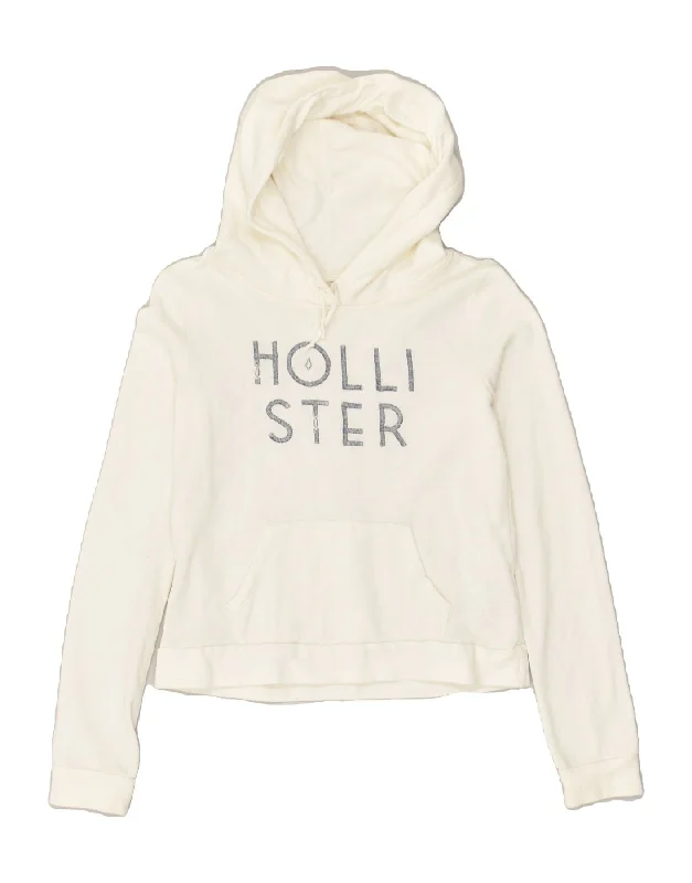 HOLLISTER Womens Graphic Crop Hoodie Jumper UK 4 XS Off White Cotton Hoodie with Illustration Artistic Creative