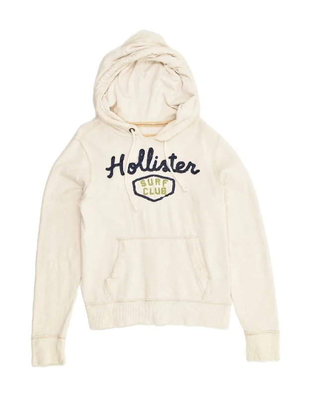 HOLLISTER Womens Graphic Hoodie Jumper UK 10 Small Off White Cotton Hoodie with Cropped Fit Short Trendy