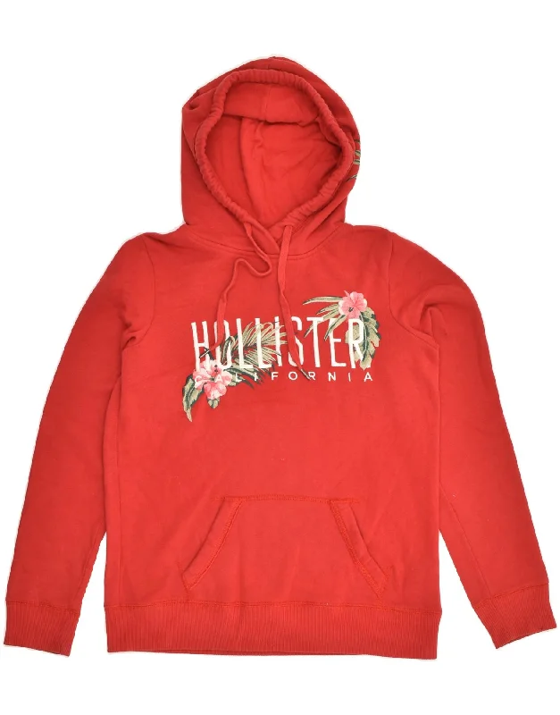 HOLLISTER Womens Graphic Hoodie Jumper UK 10 Small Red Cotton Hoodie with Monochrome Minimalist Simple