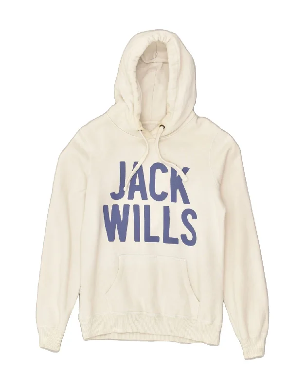 JACK WILLS Womens Graphic Hoodie Jumper UK 10 Small  White Cotton Hoodie with Raglan Sleeves Sporty Comfortable