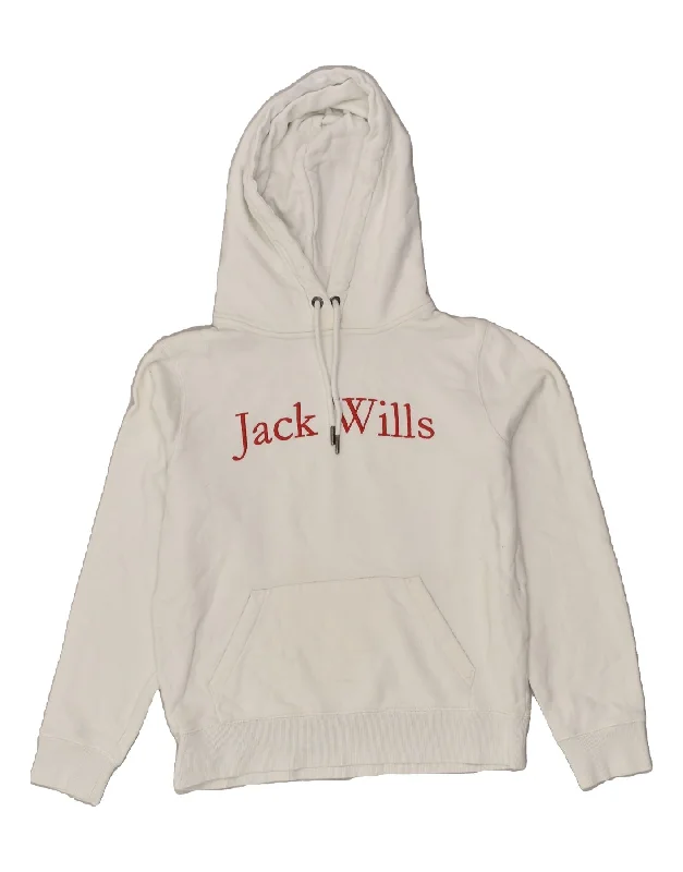 JACK WILLS Womens Graphic Hoodie Jumper UK 12 Medium White Cotton Hoodie with Tied Waist Feminine Flattering