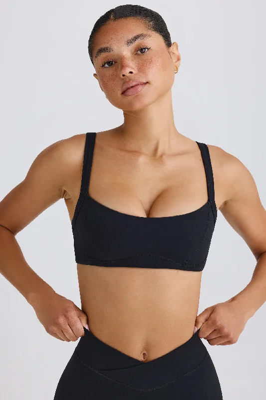 Soft Active Contrast-Trim Sports Bra in Black Adjustable Comfort Bra