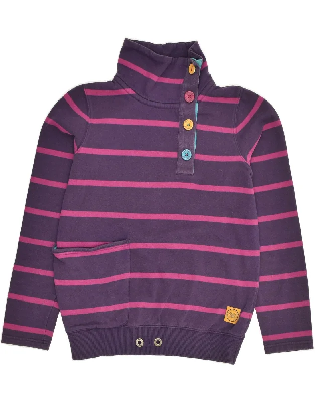 JOULES Womens Button Neck Sweatshirt Jumper UK 10 Small Purple Striped Hoodie with Cropped Fit Short Trendy