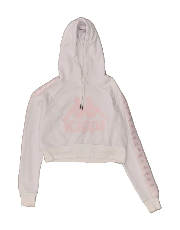 KAPPA Womens Crop Oversized Hoodie Jumper UK 10 Small White Cotton Hoodie with Hem Applique Textured Unique