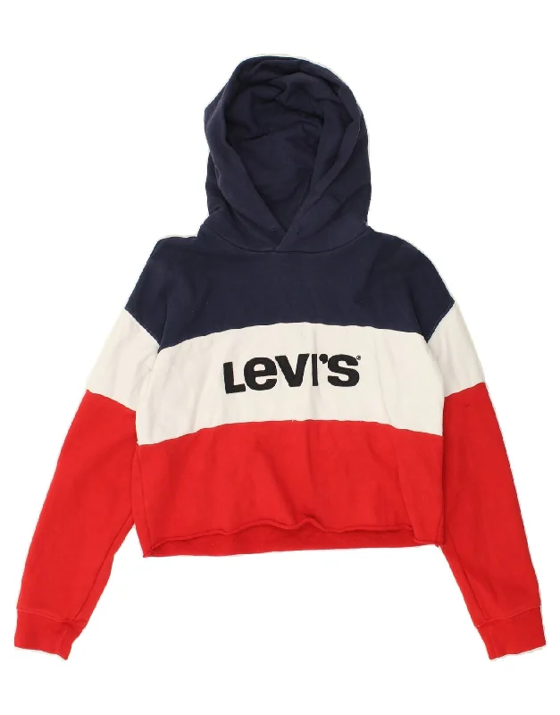 LEVI'S Womens Crop Graphic Hoodie Jumper UK 10 Small Red Colourblock Hoodie with Side Slits Relaxed Casual