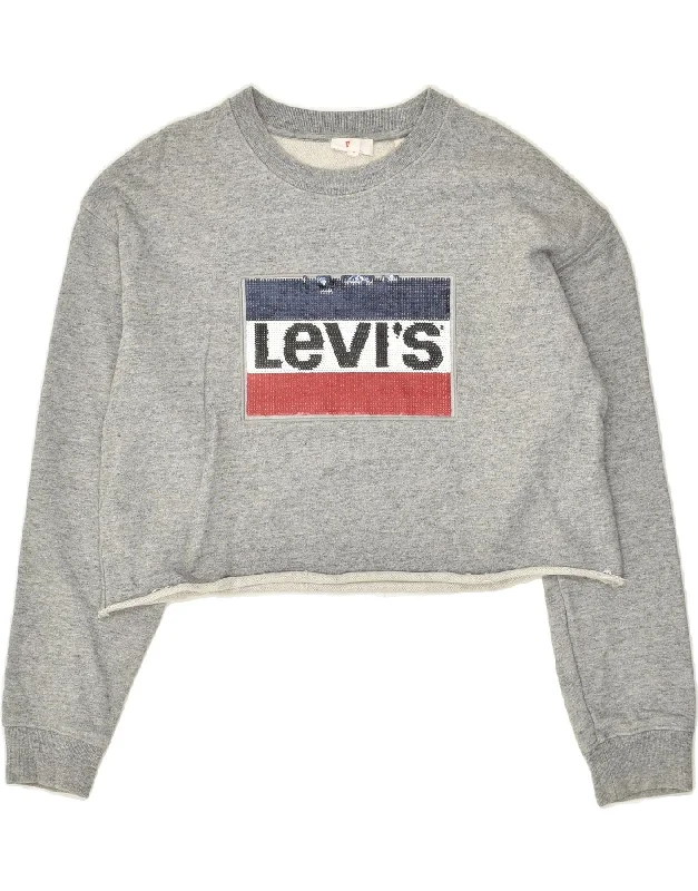 LEVI'S Womens Crop Sweatshirt Jumper UK 6 XS Grey Cotton Hoodie with Hidden Zipper Minimalist Clean