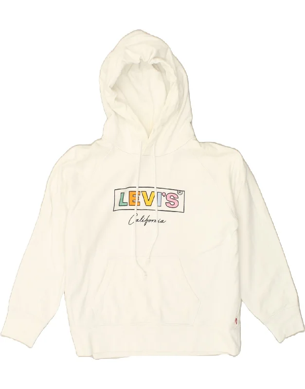 LEVI'S Womens Graphic Hoodie Jumper UK 14 Medium White Cotton Hoodie with Relaxed Fit Easy Casual