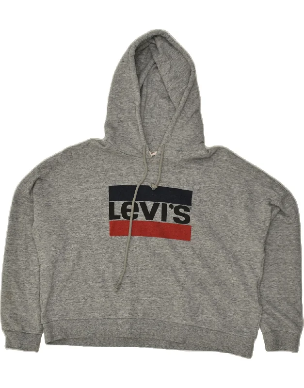 LEVI'S Womens Graphic Hoodie Jumper UK 16 Large Grey Cotton Hoodie with Full-Zip Functional Layering