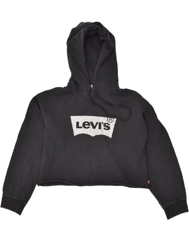 LEVI'S Womens Graphic Hoodie Jumper UK 6 XS Black Cotton Hoodie with Front Slit Layering Stylish