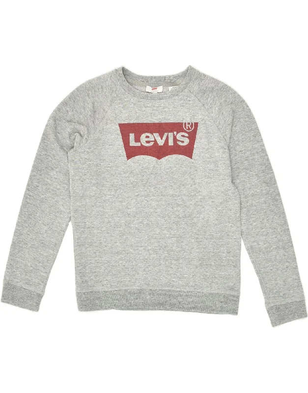 LEVI'S Womens Graphic Sweatshirt Jumper UK 10 Small Grey Flecked Cotton Hoodie with Sequins Glamorous Eye-catching