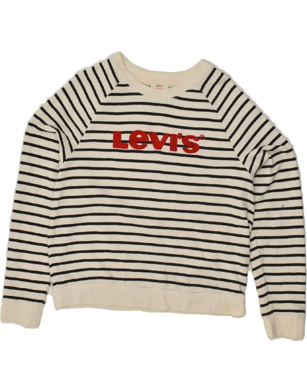 LEVI'S Womens Graphic Sweatshirt Jumper UK 16 Large Off White Striped Hoodie with Hem Embroidery Detailed Premium