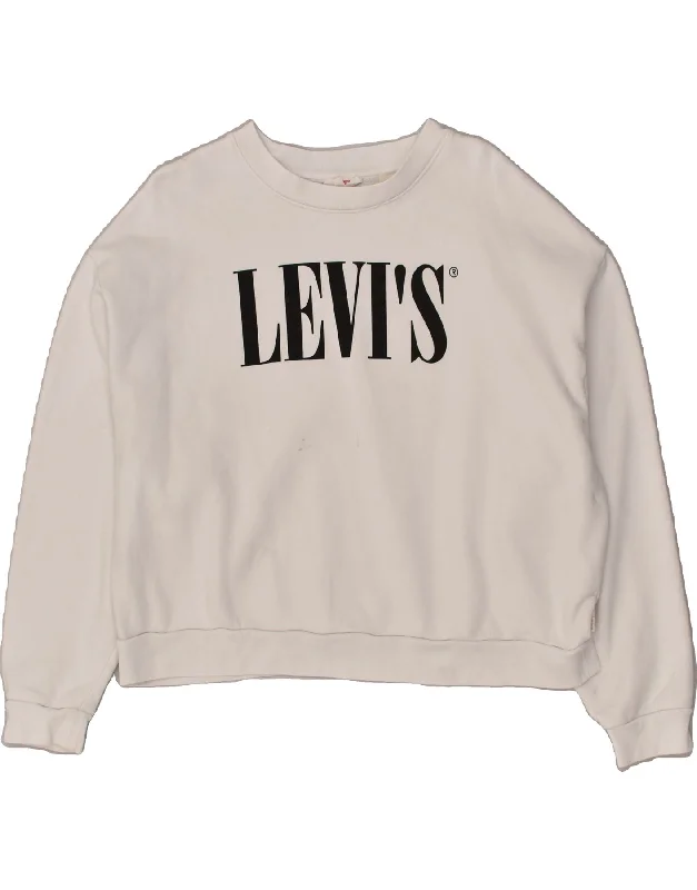 LEVI'S Womens Graphic Sweatshirt Jumper UK 16 Large White Cotton Hoodie with Toggle Buttons Decorative Unique