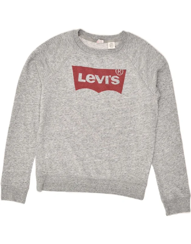 LEVI'S Womens Graphic Sweatshirt Jumper UK 6 XS Grey Cotton Hoodie with Rolled Sleeves Casual Relaxed