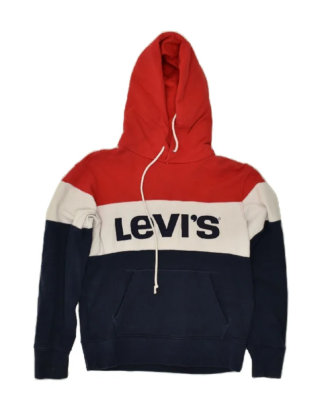 LEVI'S Womens Oversized Graphic Hoodie Jumper UK 6 XS Navy Blue Striped Hoodie with Neon Bright Vibrant