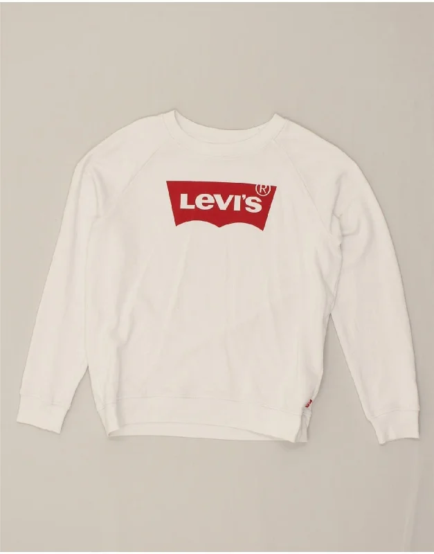 LEVI'S Womens Oversized Graphic Sweatshirt Jumper UK 6 XS Off White Cotton Hoodie with Logo Branding Identity