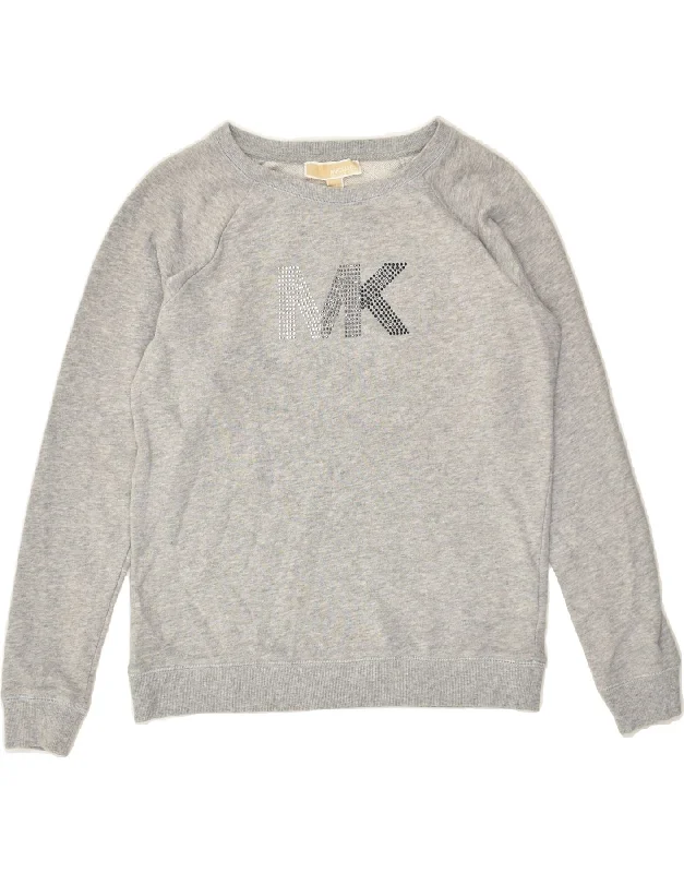 MICHAEL KORS Womens Graphic Sweatshirt Jumper UK 6 XS Grey Cotton Hoodie with Button Placket Classic Preppy