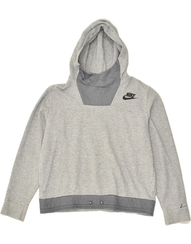 NIKE Womens Crop Hoodie Jumper UK 14 Large Grey Cotton Hoodie with Ribbed Cuffs Snug Fit Comfort