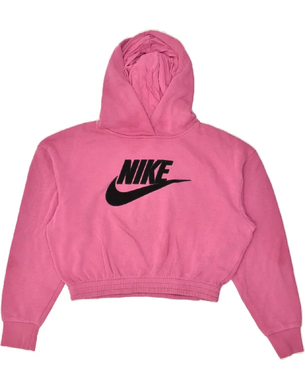 NIKE Womens Graphic Crop Hoodie Jumper UK 18 XL Pink Cotton Hoodie with Bell Sleeves Flared Feminine