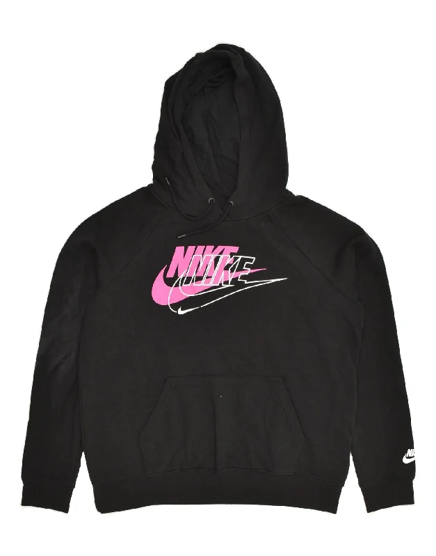 NIKE Womens Graphic Hoodie Jumper UK 10 Small Black Cotton Hoodie with Tied Waist Feminine Flattering