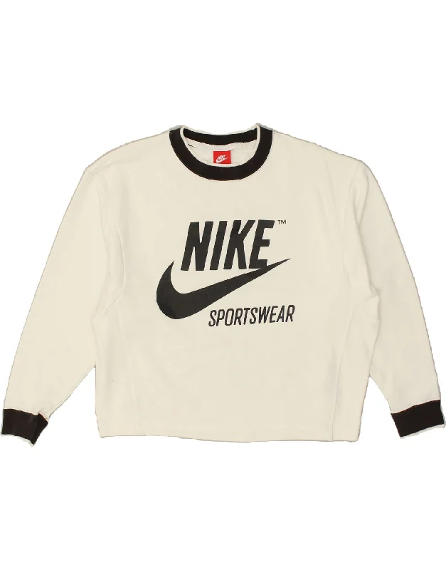 NIKE Womens Graphic Sweatshirt Jumper UK 10 Small White Cotton Hooded Sweatshirt Casual Wear Street Style