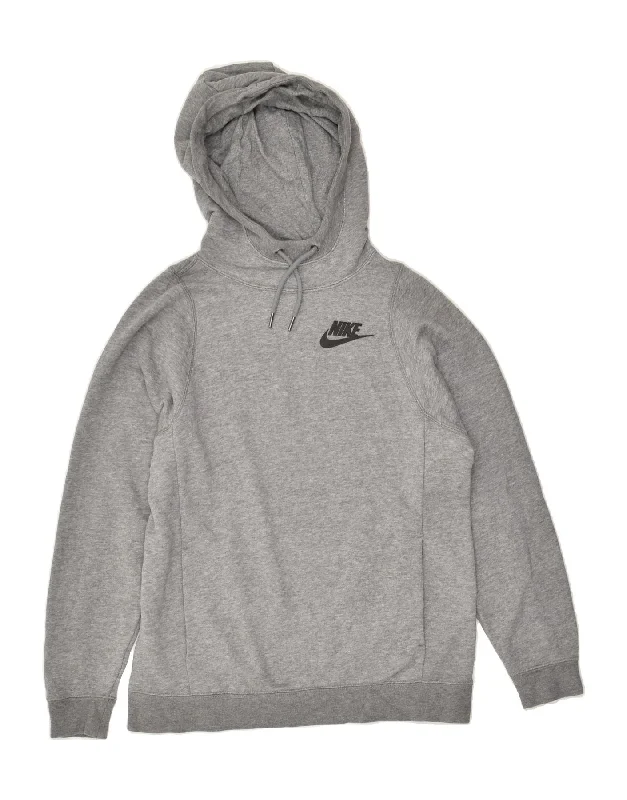 NIKE Womens Hoodie Jumper UK 6 XS Grey Cotton Hoodie with Hem Fringe Bohemian Relaxed