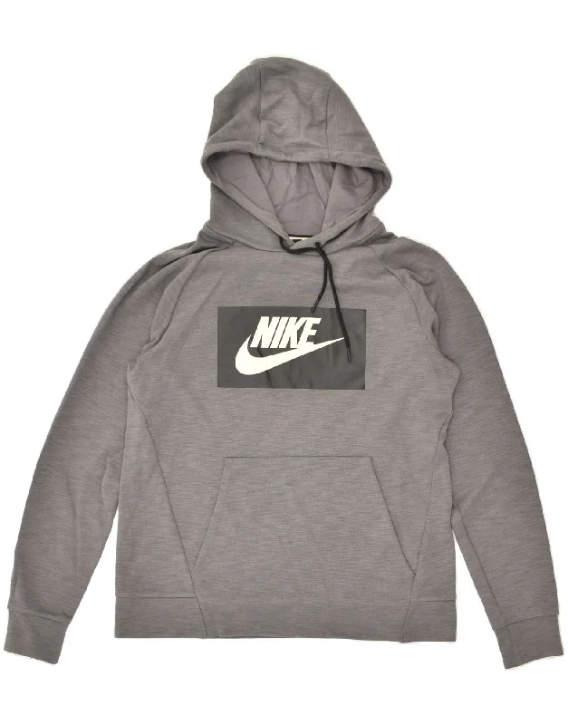 NIKE Womens Loose Fit Graphic Hoodie Jumper UK 14 Medium Grey Cotton Cotton Hoodie Fleece Lining Warmth