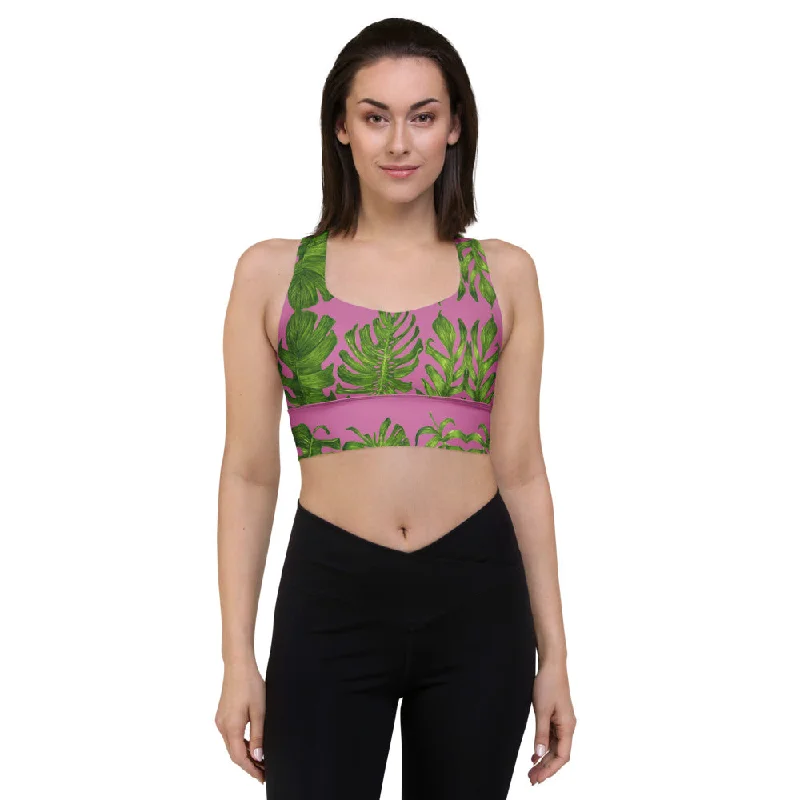 Pink Tropical Leaves Sports Bra, Best Longline Sports Bra For Women-Made in USA/EU/MX (US Size: XS-3XL) Sleek Sports Bra