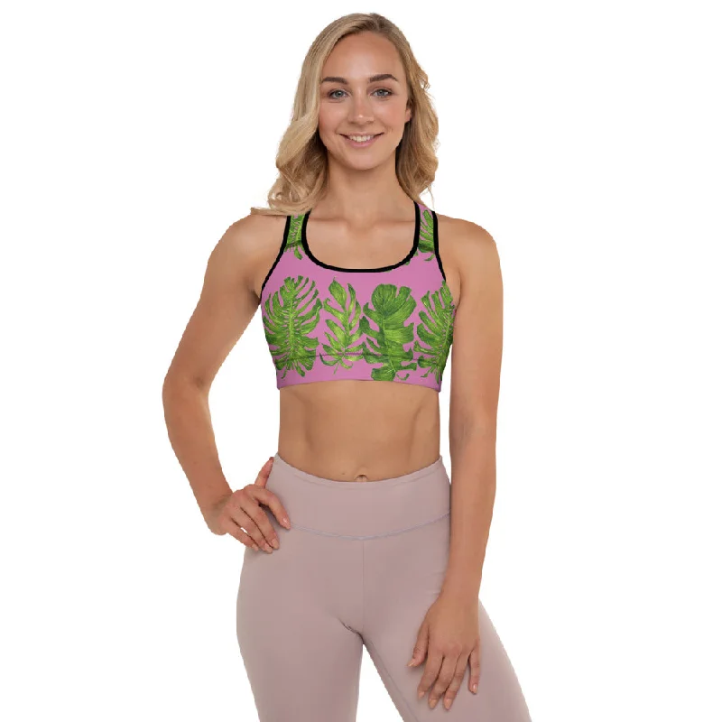 Pink Tropical Leaves Sports Bra, Best Women's Fitness Workout Bra-Made in USA/EU (US Size: XS-2XL) Elegant Lace Lingerie