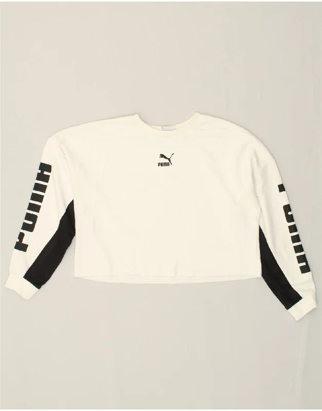 PUMA Womens Crop Graphic Sweatshirt Jumper UK 10 Small White Colourblock Hoodie with Front Slit Layering Stylish