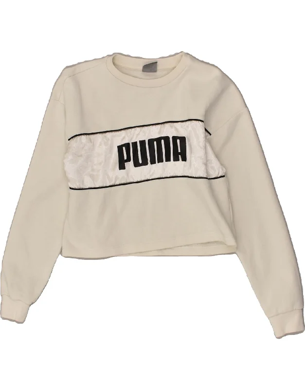 PUMA Womens Graphic Crop Sweatshirt Jumper UK 12 Medium Off White Cotton Hoodie with Drawstring Waist Adjustable Fitted