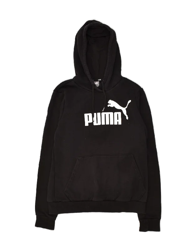 PUMA Womens Graphic Hoodie Jumper UK 12 Medium Black Cotton Hoodie with Snap Buttons Easy Quick